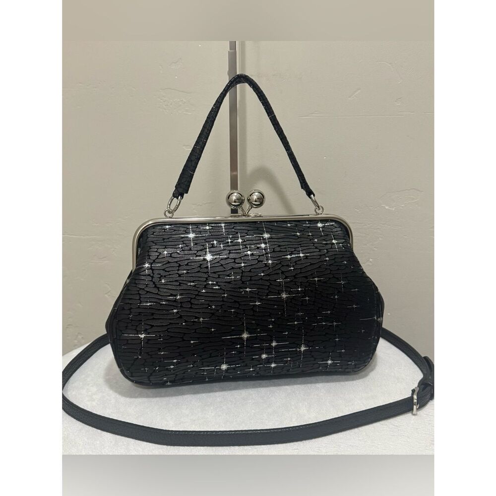 Unique Silver Stars Embossed Cowhide Leather Handmade Kisslock & Multi Use Bag
